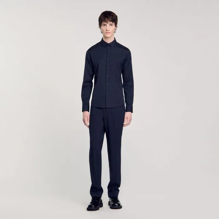 Shirts Men SANDRO Fitted Stretch Cotton Shirt Navy Blue