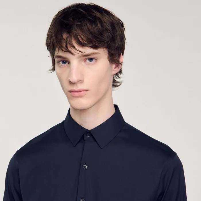 Shirts Men SANDRO Fitted Stretch Cotton Shirt Navy Blue