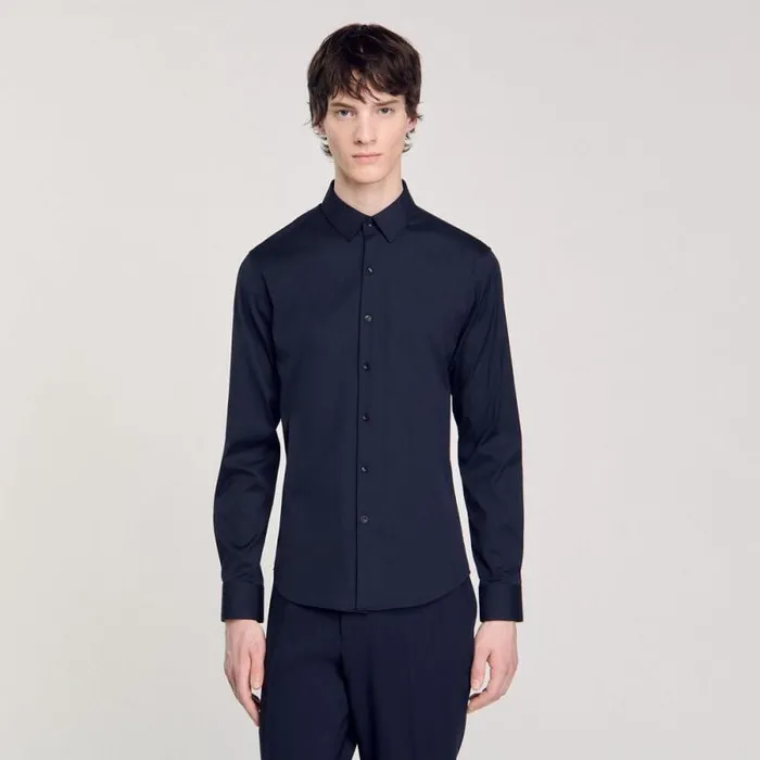 Shirts Men SANDRO Fitted Stretch Cotton Shirt Navy Blue