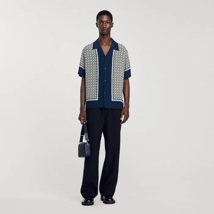 Shirts Men SANDRO Shortsleeved Patterned Shirt Dark Blue