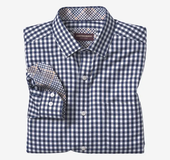 Shirts NonIron Dress Shirt Navy Twill Gingham Johnston and Murphy Men