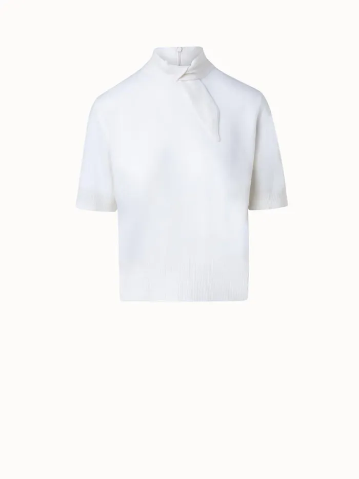 Short Sleeve 100 Cashmere Top With Knot Mockneck Ecru Women Akris Knitwear