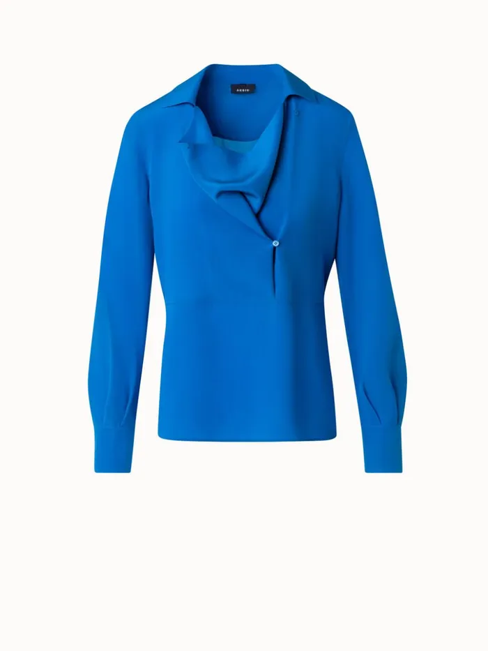 Silk Crpe Blouse With Draping Medium Denim Women Akris Blouses