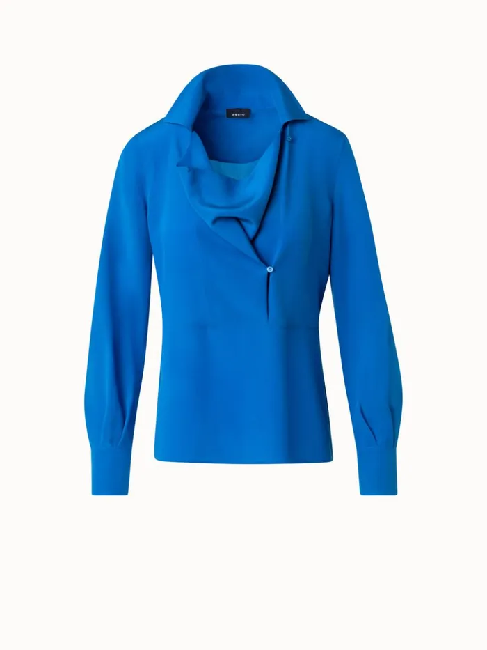 Silk Crpe Blouse With Draping Medium Denim Women Akris Blouses