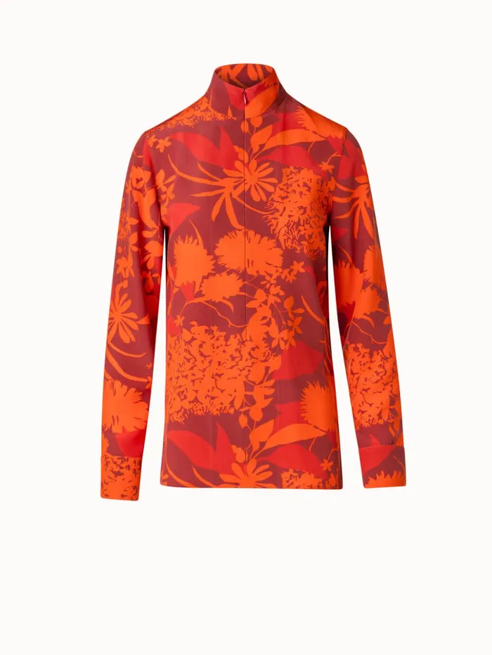 Silk Crpe Tunic Blouse With Abraham Flower Print Ruby Redmulticolor Women Akris Blouses