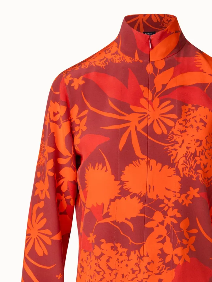Silk Crpe Tunic Blouse With Abraham Flower Print Ruby Redmulticolor Women Akris Blouses