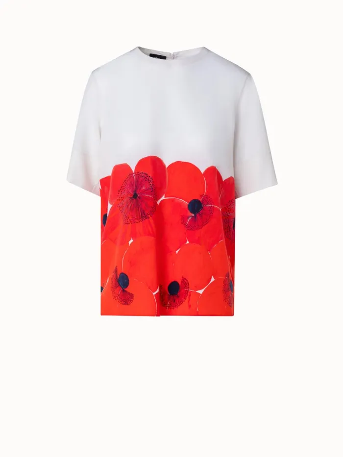 Silk TShirt Blouse With Poppy Print Greigepoppy Women Akris Blouses