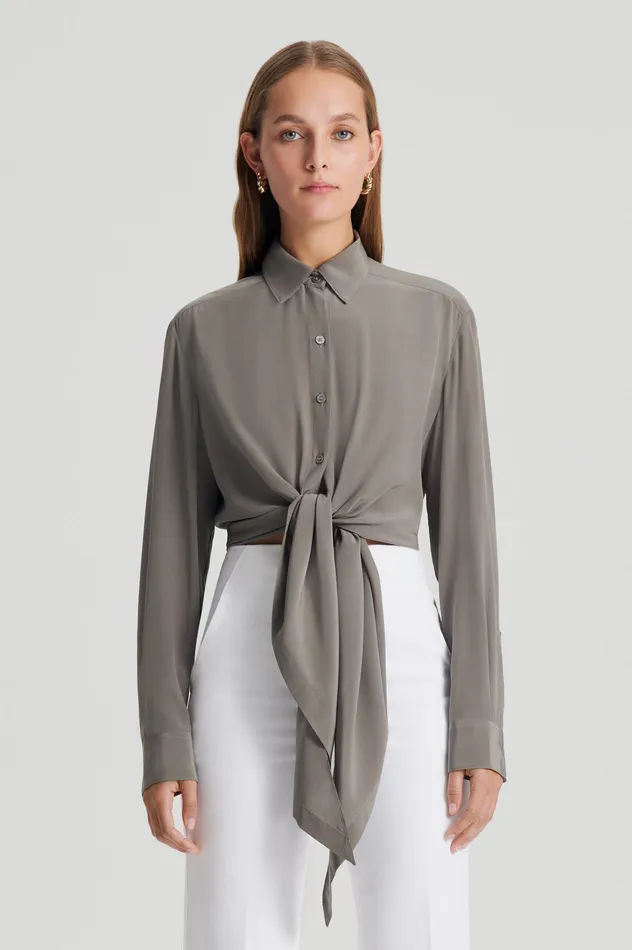 SILK TIE FRONT SHIRT TAUPE Women Shirts Scanlan Theodore SILK TIE FRONT SHIRT TAUPE Women Shirts Scanlan Theodore