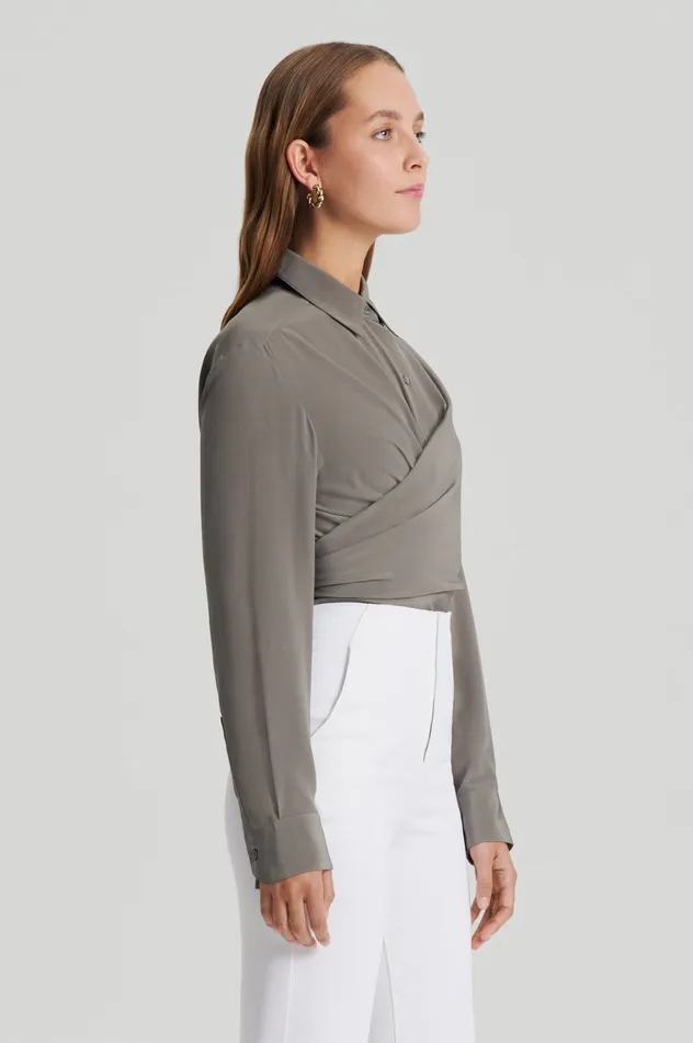 SILK TIE FRONT SHIRT TAUPE Women Shirts Scanlan Theodore SILK TIE FRONT SHIRT TAUPE Women Shirts Scanlan Theodore