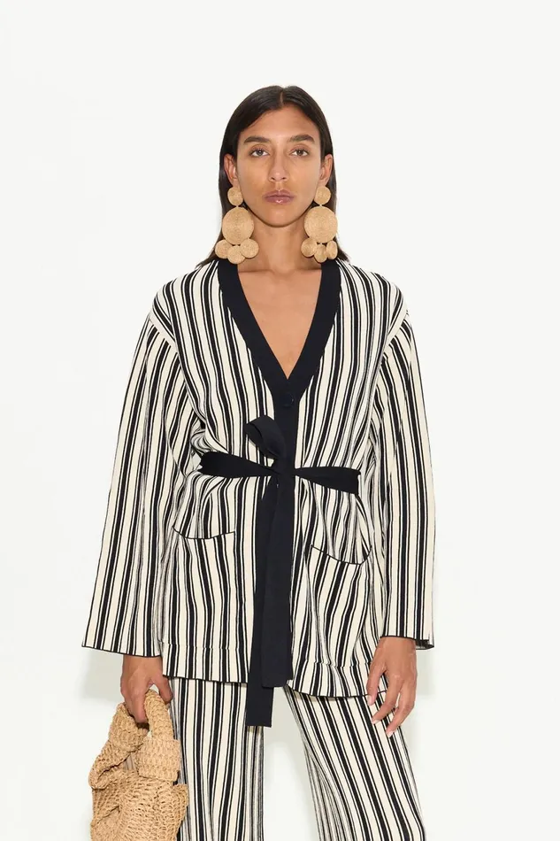 Simon Miller Tops Max Belted Knit Cardigan In BlackRice Flour Stripe 8211 Women