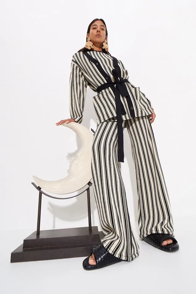 Simon Miller Tops Max Belted Knit Cardigan In BlackRice Flour Stripe 8211 Women
