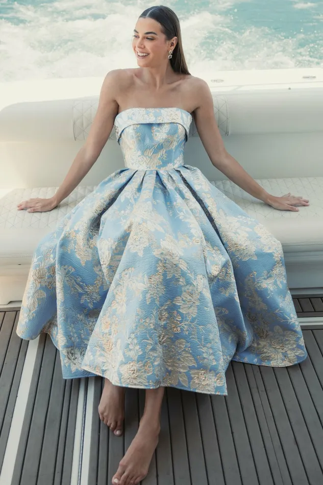 Strapless Brocade Midi Dress with Pockets Blue Multi Women Best Sellers Mac Duggal
