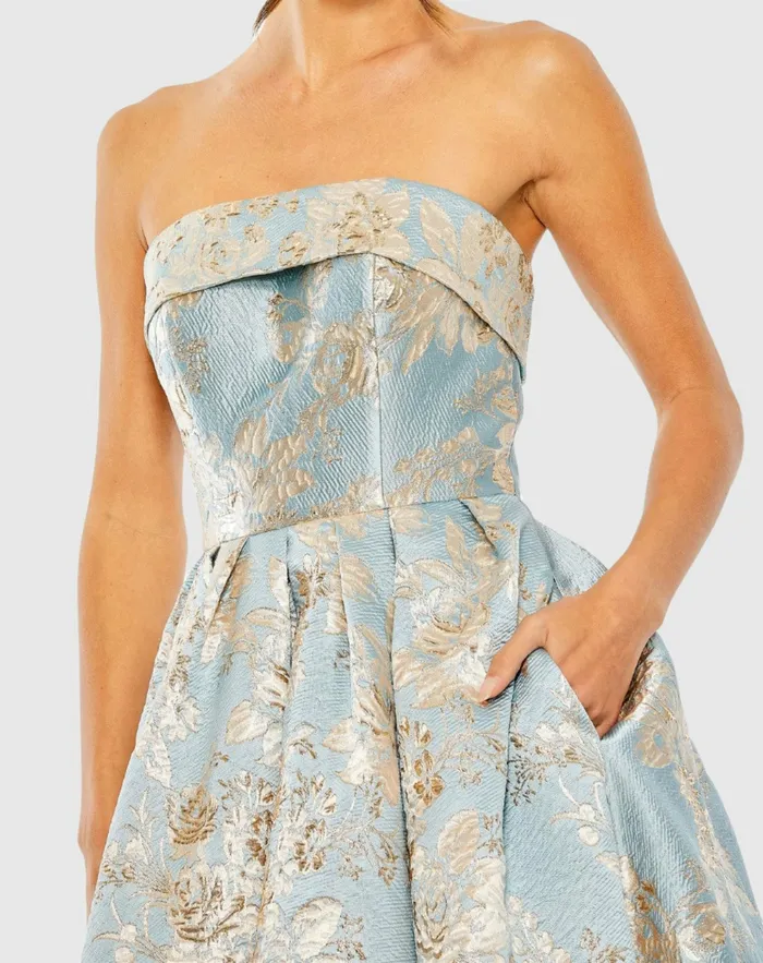Strapless Brocade Midi Dress with Pockets Blue Multi Women Best Sellers Mac Duggal