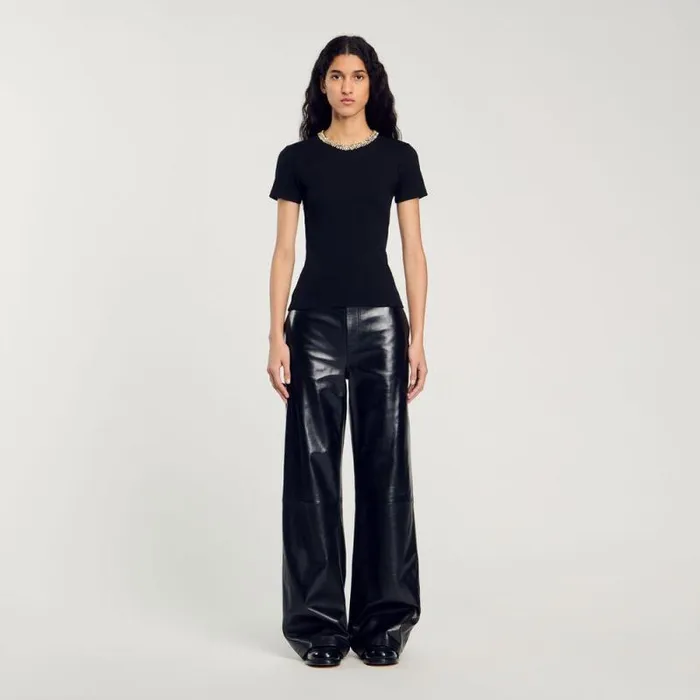 Tshirts Women SANDRO Tshirt With Rhinestone Trim Black
