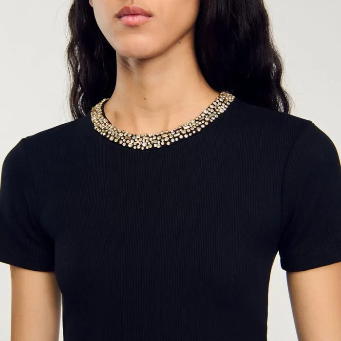 Tshirts Women SANDRO Tshirt With Rhinestone Trim Black