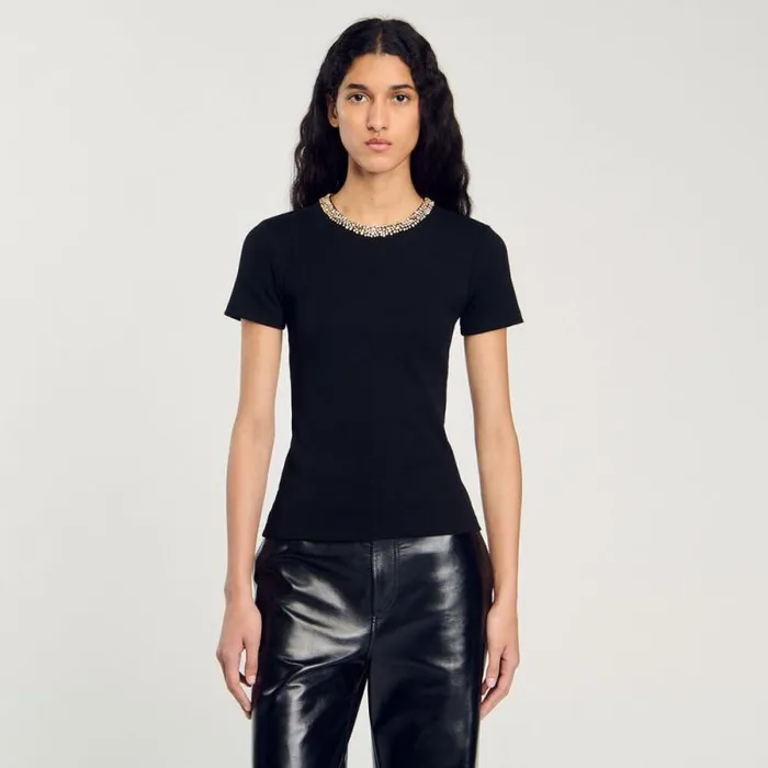 Tshirts Women SANDRO Tshirt With Rhinestone Trim Black