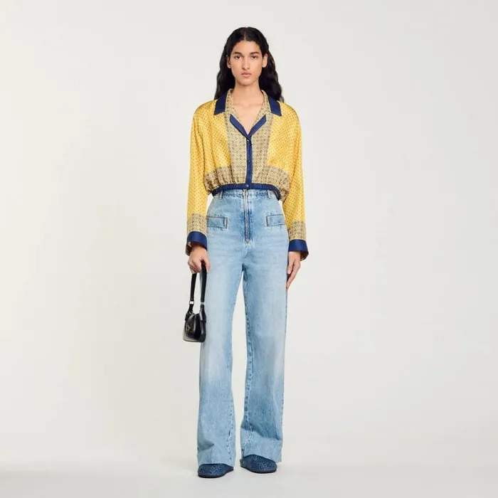 Tops and Shirts Women SANDRO Short Patterned Flowing Silk Shirt Yellow Blu
