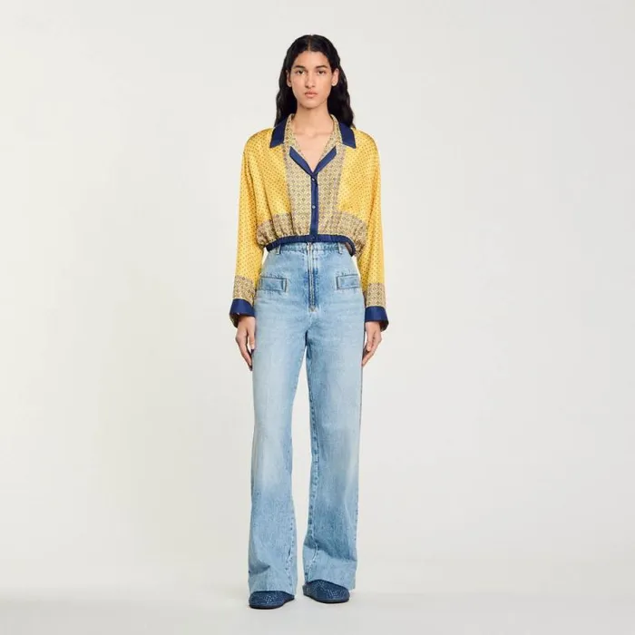 Tops and Shirts Women SANDRO Short Patterned Flowing Silk Shirt Yellow Blu
