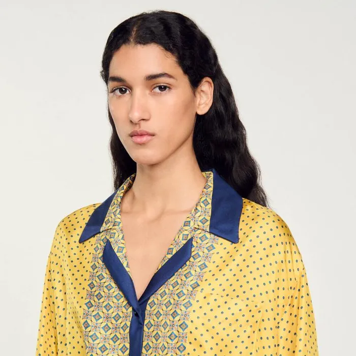 Tops and Shirts Women SANDRO Short Patterned Flowing Silk Shirt Yellow Blu