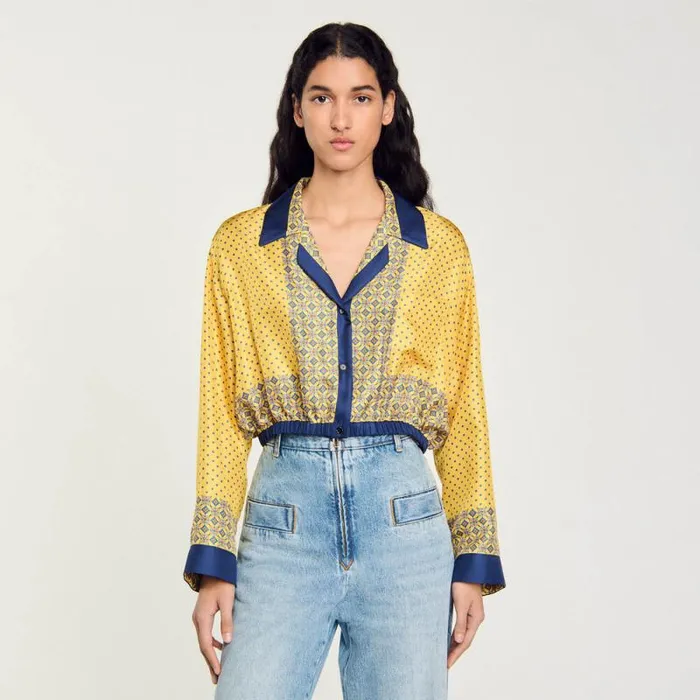 Tops and Shirts Women SANDRO Short Patterned Flowing Silk Shirt Yellow Blu