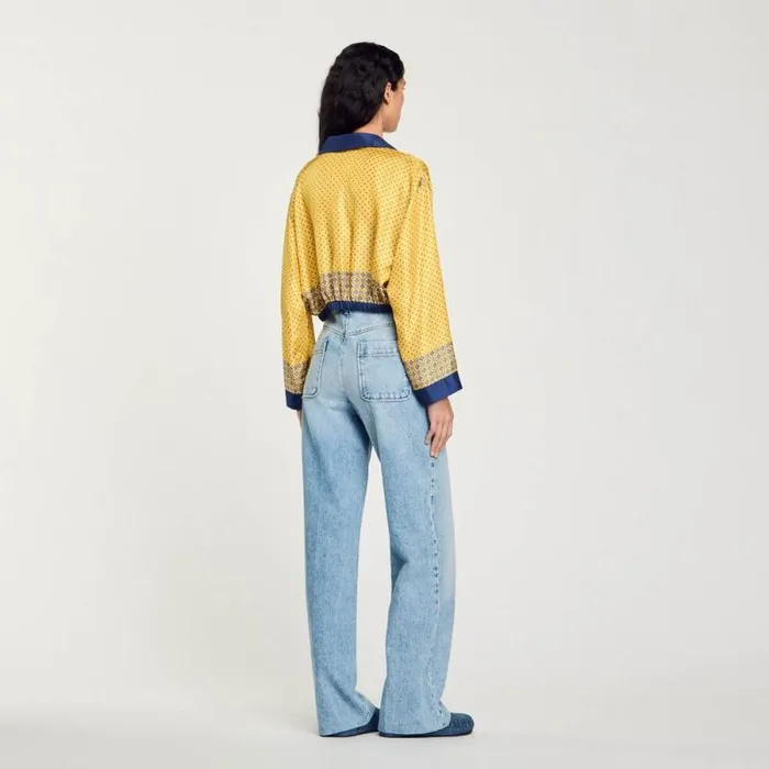 Tops and Shirts Women SANDRO Short Patterned Flowing Silk Shirt Yellow Blu