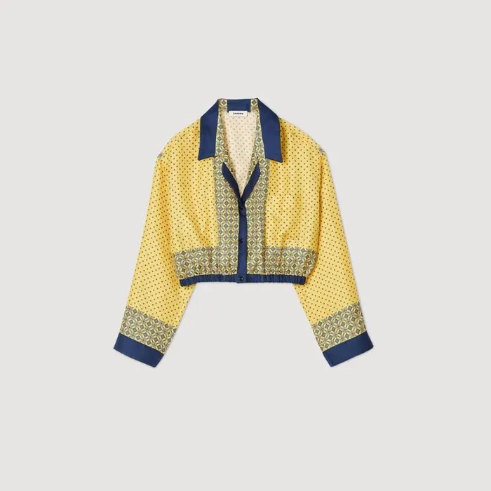 Tops and Shirts Women SANDRO Short Patterned Flowing Silk Shirt Yellow Blu