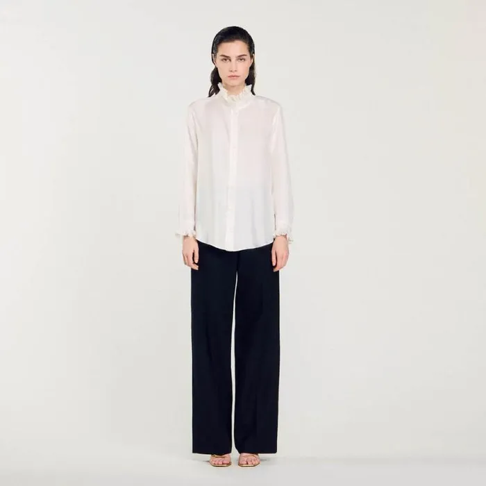Tops and Shirts Women SANDRO Silk Shirt With Gathered Collar Ecru