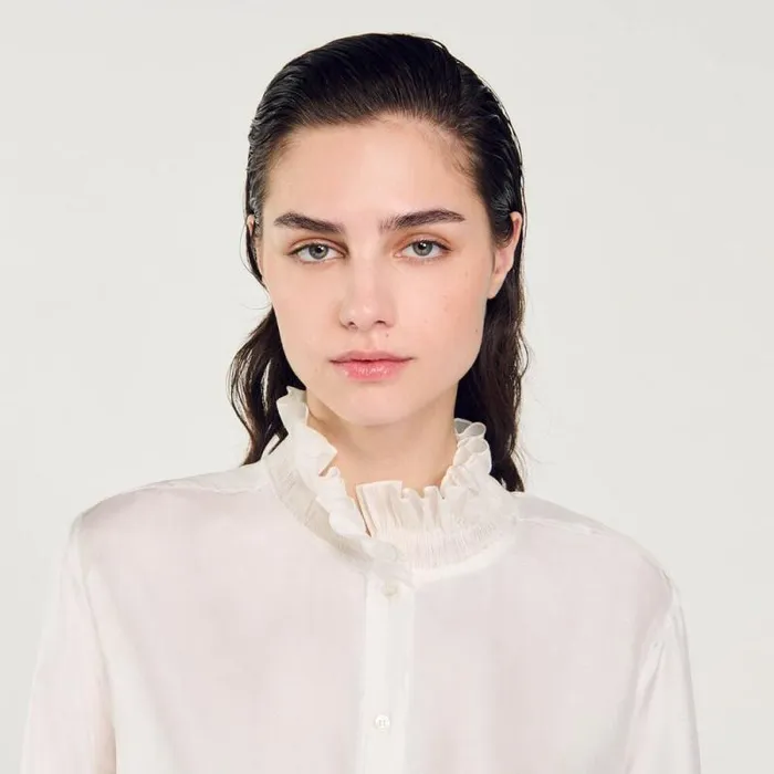 Tops and Shirts Women SANDRO Silk Shirt With Gathered Collar Ecru