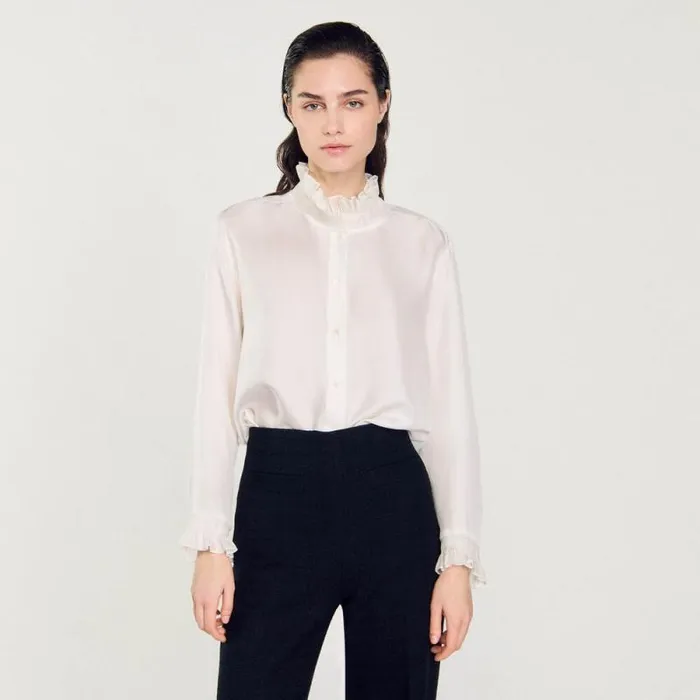 Tops and Shirts Women SANDRO Silk Shirt With Gathered Collar Ecru