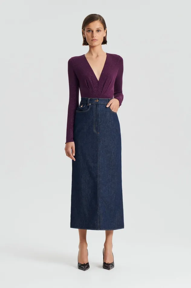 Tops Scanlan Theodore Women TINSEL DRAPE BODYSUIT AUBERGINE