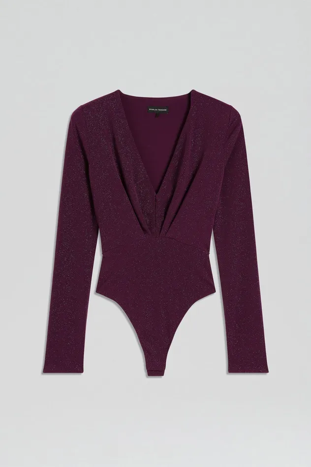 Tops Scanlan Theodore Women TINSEL DRAPE BODYSUIT AUBERGINE Tops Scanlan Theodore Women TINSEL DRAPE BODYSUIT AUBERGINE