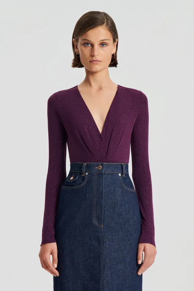 Tops Scanlan Theodore Women TINSEL DRAPE BODYSUIT AUBERGINE Tops Scanlan Theodore Women TINSEL DRAPE BODYSUIT AUBERGINE