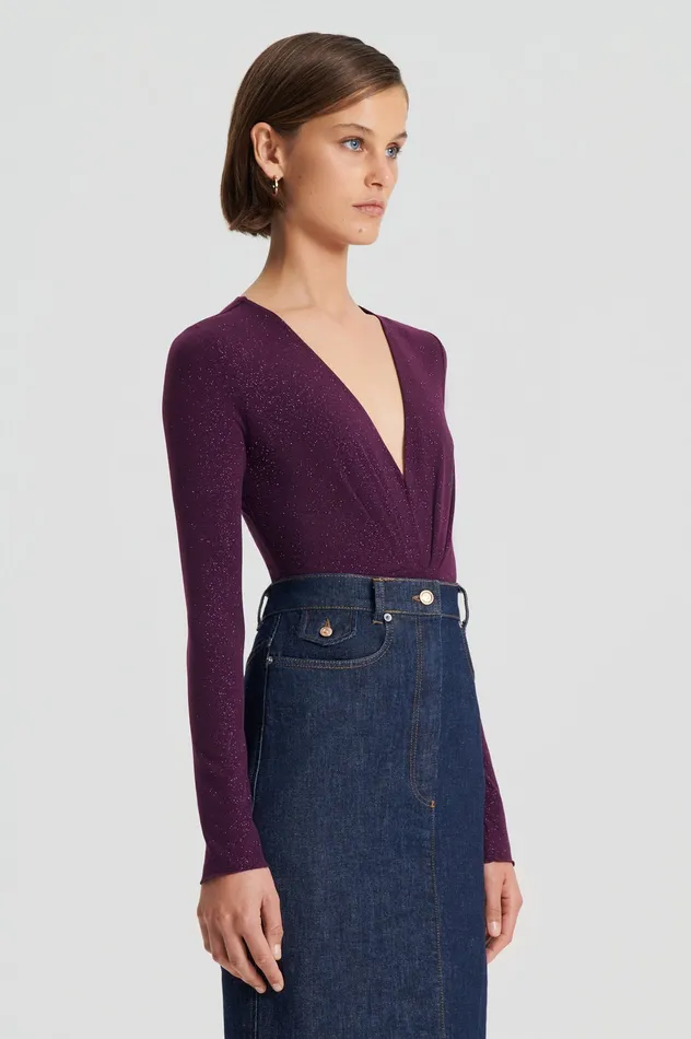 Tops Scanlan Theodore Women TINSEL DRAPE BODYSUIT AUBERGINE Tops Scanlan Theodore Women TINSEL DRAPE BODYSUIT AUBERGINE