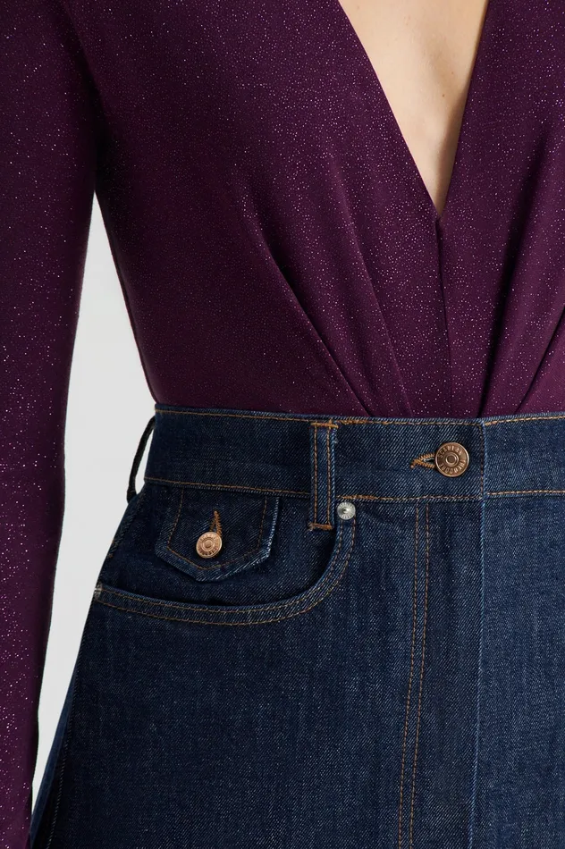 Tops Scanlan Theodore Women TINSEL DRAPE BODYSUIT AUBERGINE Tops Scanlan Theodore Women TINSEL DRAPE BODYSUIT AUBERGINE