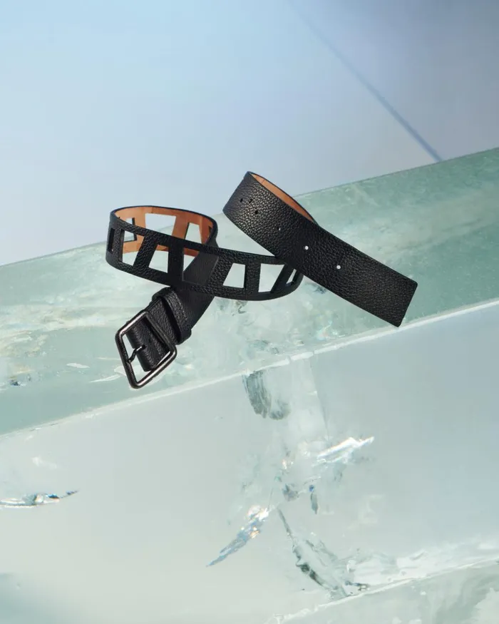 Trapezoid Cut Out Leather Belt Black Women Akris Belts