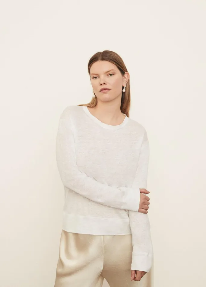 Vince Extended Sizes Women Linen Long Sleeve Pullover TShirt Optic White