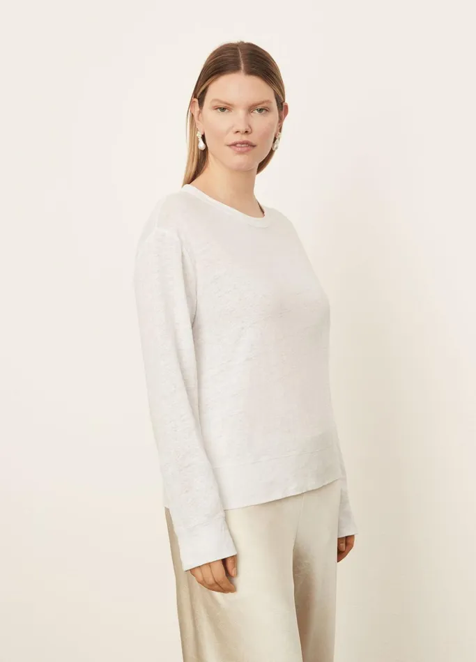 Vince Extended Sizes Women Linen Long Sleeve Pullover TShirt Optic White