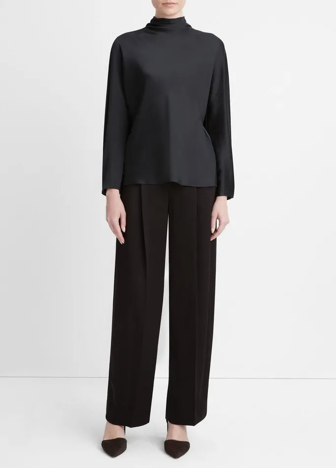 Vince Shirts and Tops Women Silk Draped Funnel Neck Blouse Black