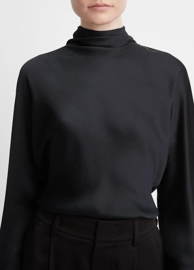 Vince Shirts and Tops Women Silk Draped Funnel Neck Blouse Black