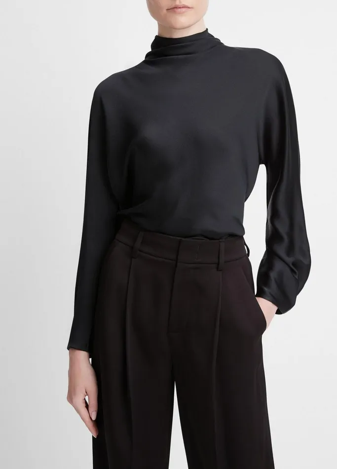 Vince Shirts and Tops Women Silk Draped Funnel Neck Blouse Black