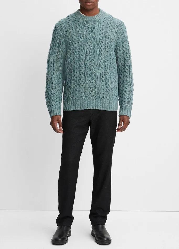 Vince Sweaters Men Merino WoolCashmere Aran Cable Crew Neck Sweater Heather Mineral Green