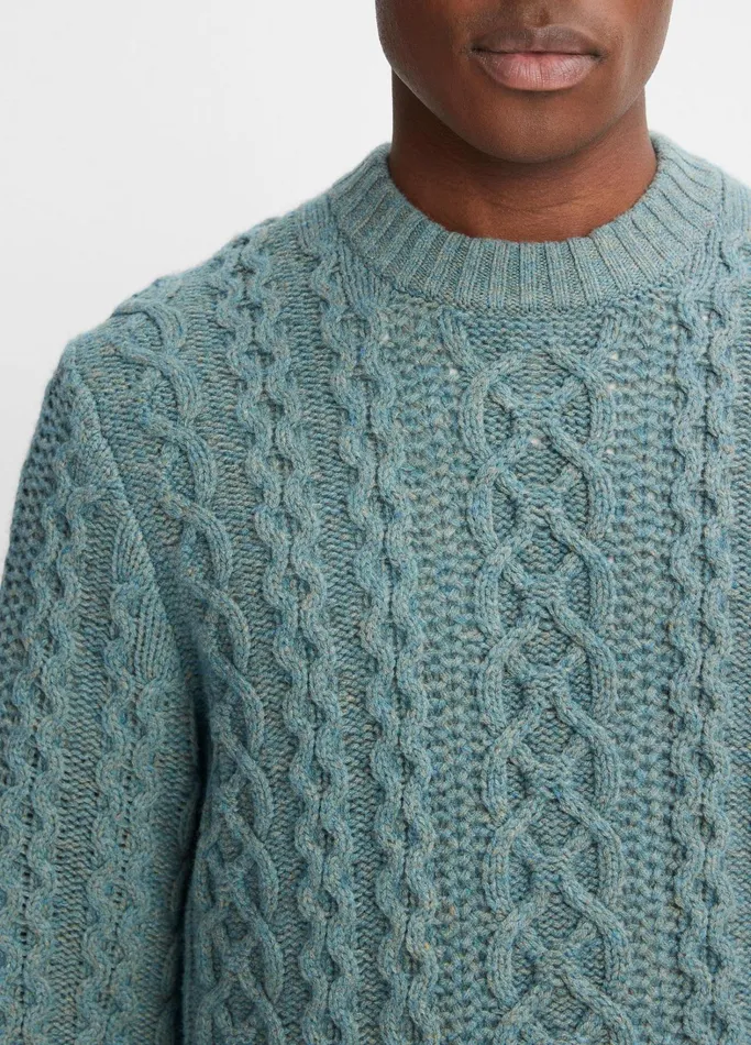 Vince Sweaters Men Merino WoolCashmere Aran Cable Crew Neck Sweater Heather Mineral Green