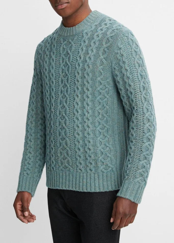 Vince Sweaters Men Merino WoolCashmere Aran Cable Crew Neck Sweater Heather Mineral Green