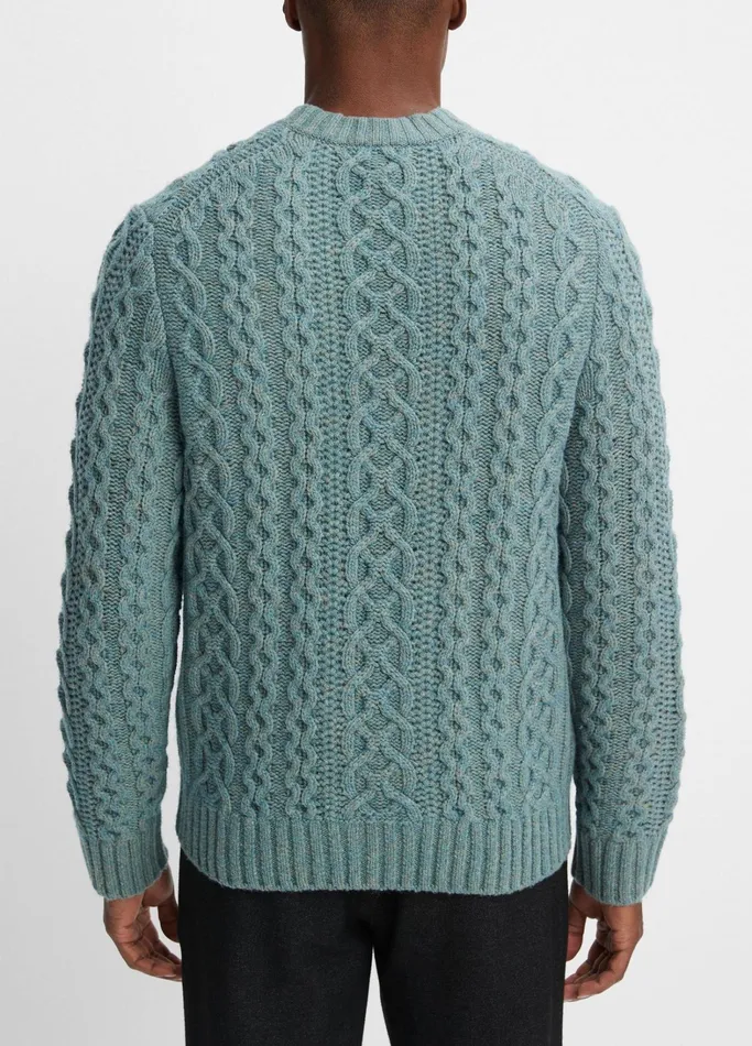 Vince Sweaters Men Merino WoolCashmere Aran Cable Crew Neck Sweater Heather Mineral Green