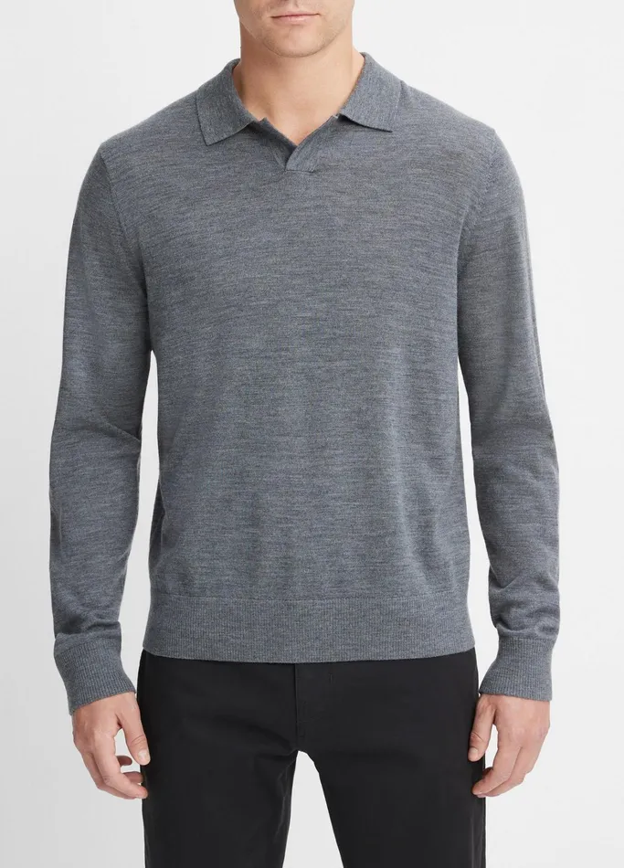 Vince Sweaters Men Merino Wool LongSleeve Johnny Collar Shirt Heather Night Storm