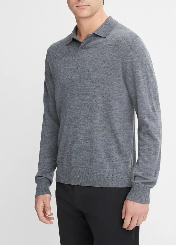 Vince Sweaters Men Merino Wool LongSleeve Johnny Collar Shirt Heather Night Storm
