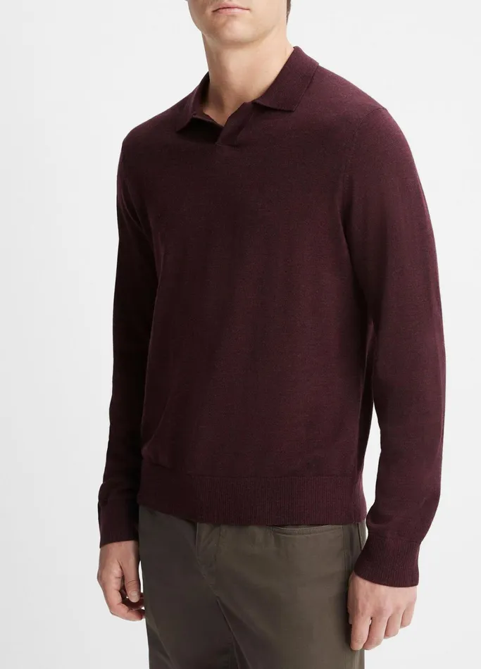 Vince Sweaters Men Merino Wool LongSleeve Johnny Collar Shirt Heather Pinot Vino