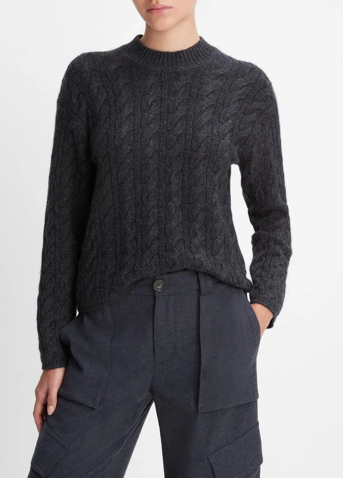Vince Sweaters Women WoolBlend Twisted Cable Crew Neck Sweater Heather Charcoal