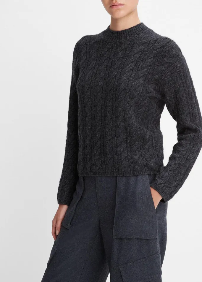 Vince Sweaters Women WoolBlend Twisted Cable Crew Neck Sweater Heather Charcoal