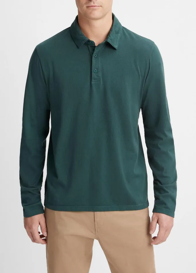 Vince TShirts and Polos Men Garment Dye LongSleeve Polo Shirt Washed Deep Teal